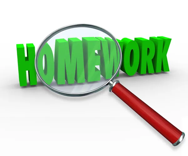pictures of the word homework Homework word under a magnifying glass — Stock Photo, Image