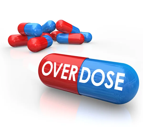 Overdose word on pills or capsules — Stock Photo, Image