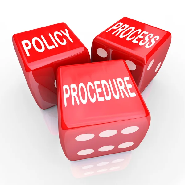 Policy, Process and Procedure words on three red dice — Stock Photo, Image