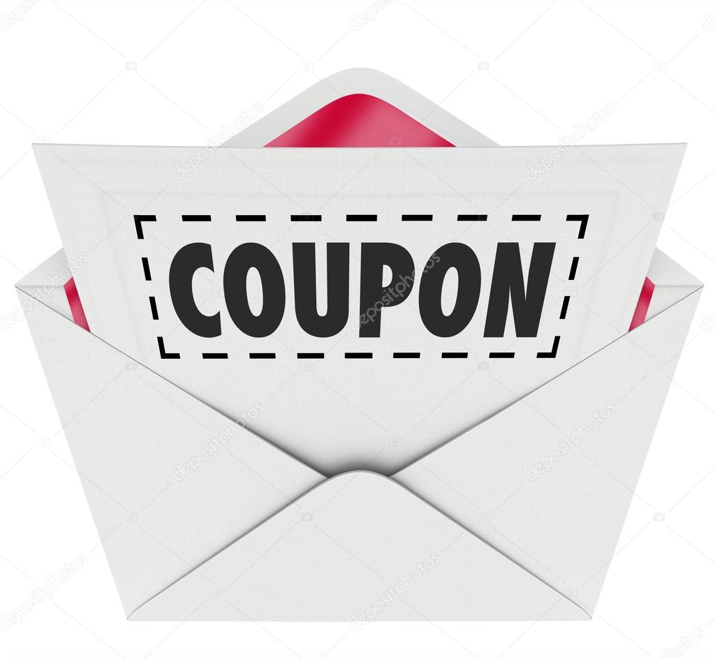 Coupon word with dotted line around it in an envelope — Stock Photo