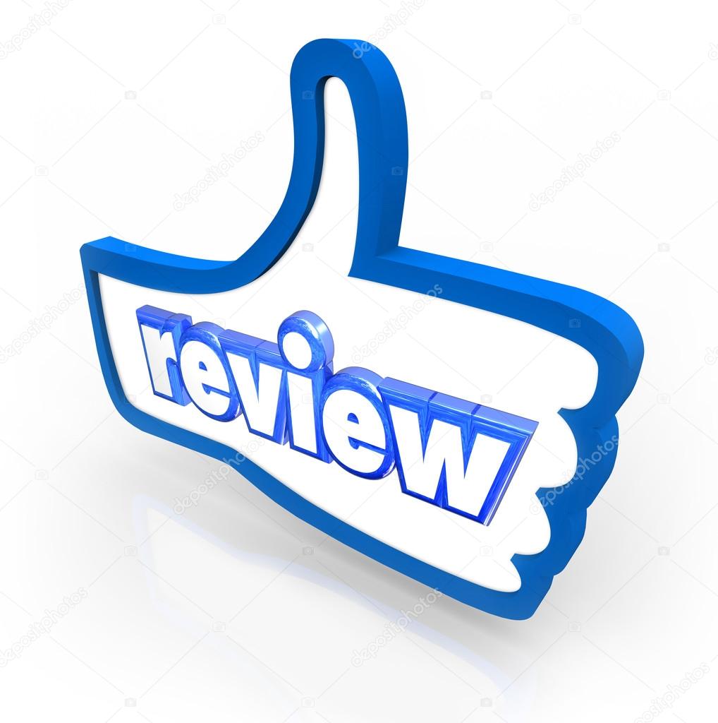 Review word on a blue thumbs up symbol