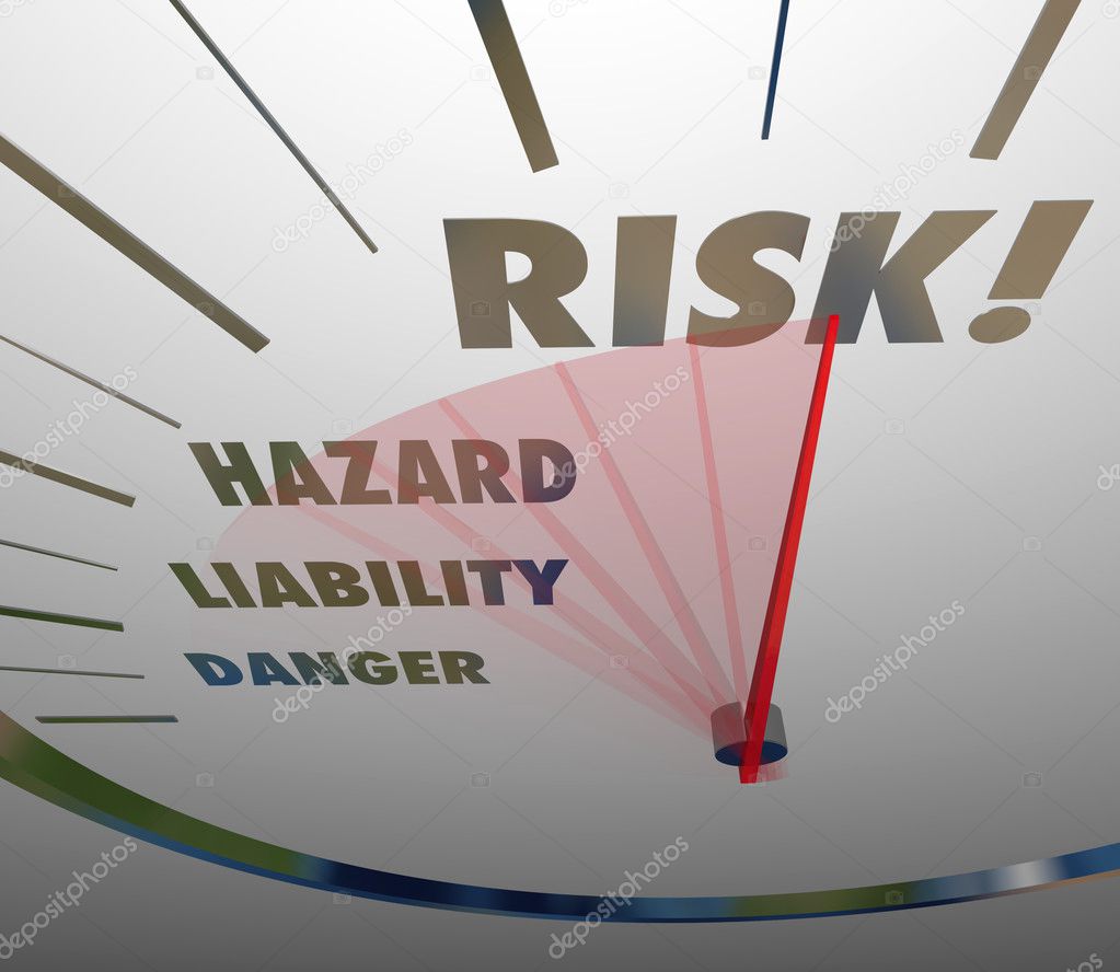 Risk, Hazard, Liability and Danger words on a speedometer