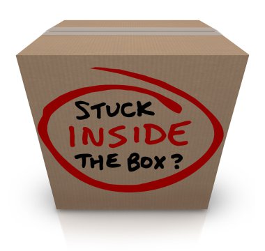 Stuck Inside the Box words on a cardboard box clipart