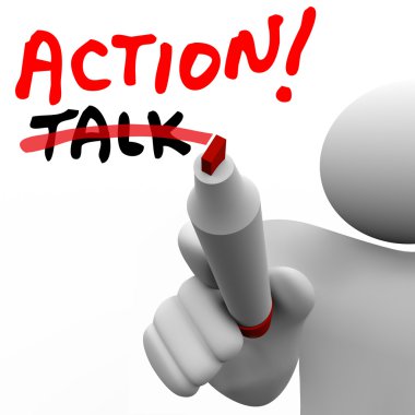 Action Vs Talk Man Writing Words Crossing Out Best Strategy Acti clipart
