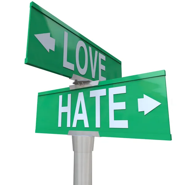 Αγάπη vs μίσος οδικά σήματα απέναντι μεταβαλλόμενη σχέση συναίσθημα — Φωτογραφία Αρχείου