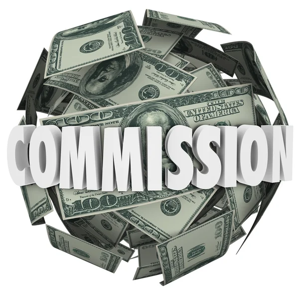 Commission word on a ball of hundred dollar bills — Stock Photo, Image