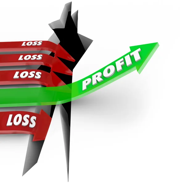 PROFT vs verlies maken geld inkomsten pijl over gat — Stockfoto