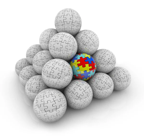 Puzzle Pieces Pyramid Balls One Unique Special Autistic Standing — Stock Photo, Image