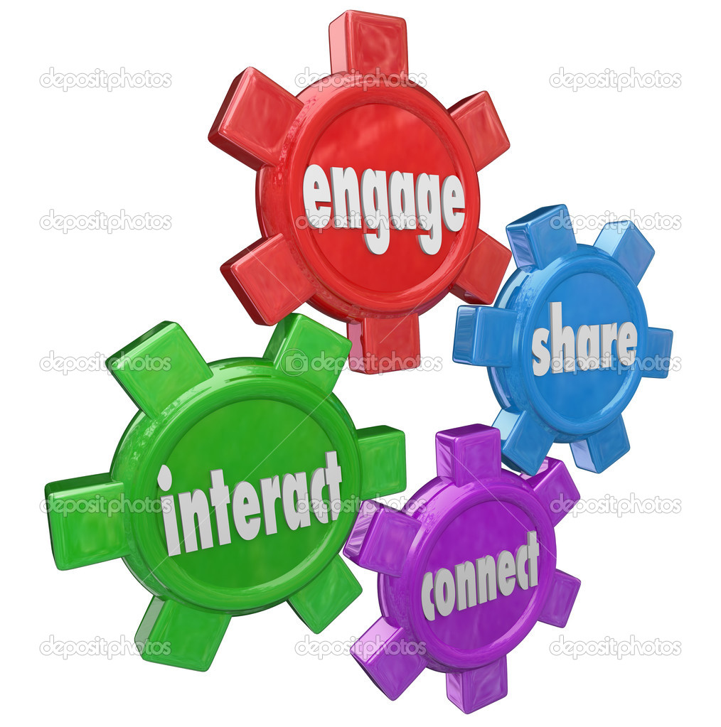 Engage, Interact, Share and Connect words on gears