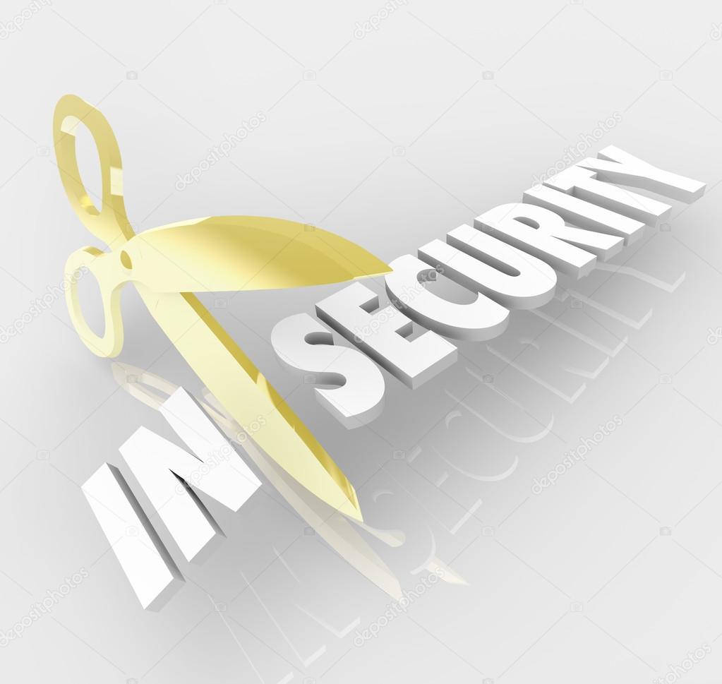 Insecurity word cut by scissors to create Security