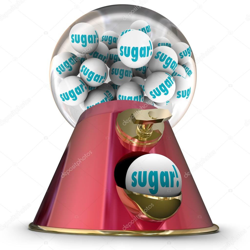 Sugar word on gum balls or candy  dispensed by a gumball machine
