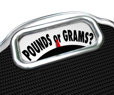 Pounds or Grams words on a display of a scale clipart