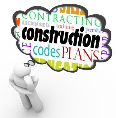 Construction words in a thought cloud over a thinking person clipart