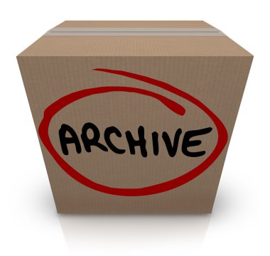 Archive word written on a cardboard box full of records clipart