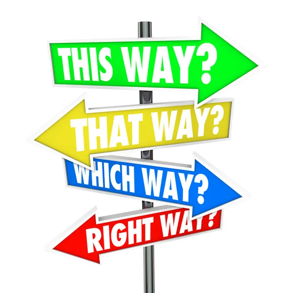 Detta sätt, på så sätt vilken väg, rätt väg? ord — Stockfoto
