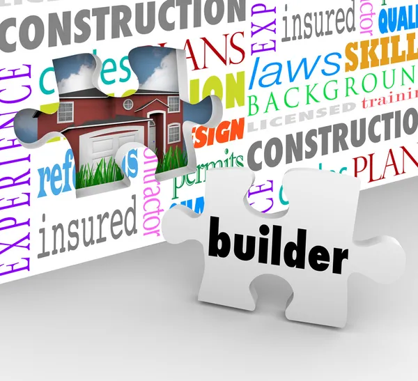 Builder word on a puzzle piece to complete a wall — Stock Photo, Image