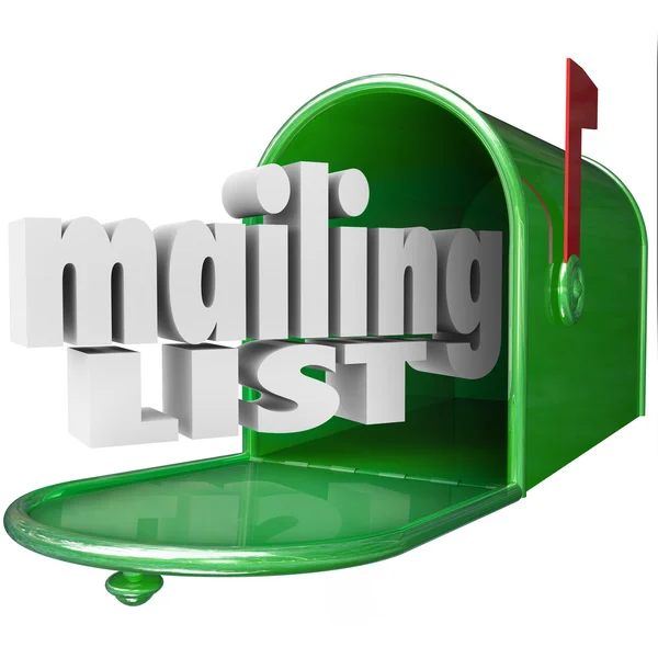 Mailing List parole in lettere 3d e una casella di posta — Foto Stock