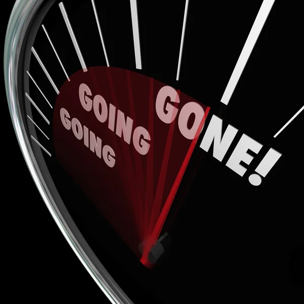 Going Going Gone words on a speedometer — Stock Photo, Image