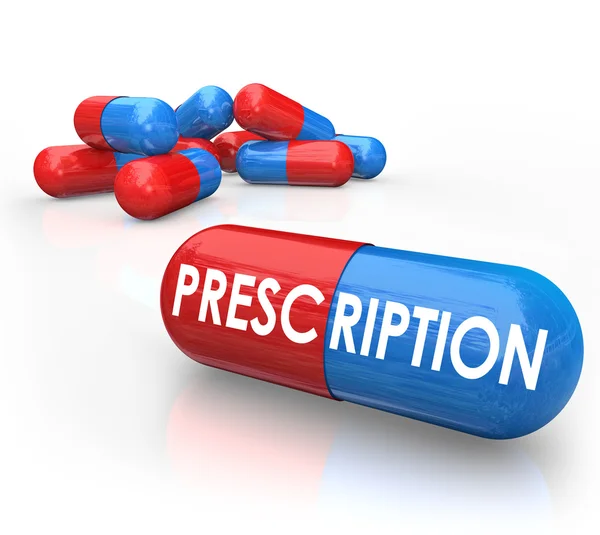 Palabra de la prescripción en una píldora roja y azul 3d — Foto de Stock