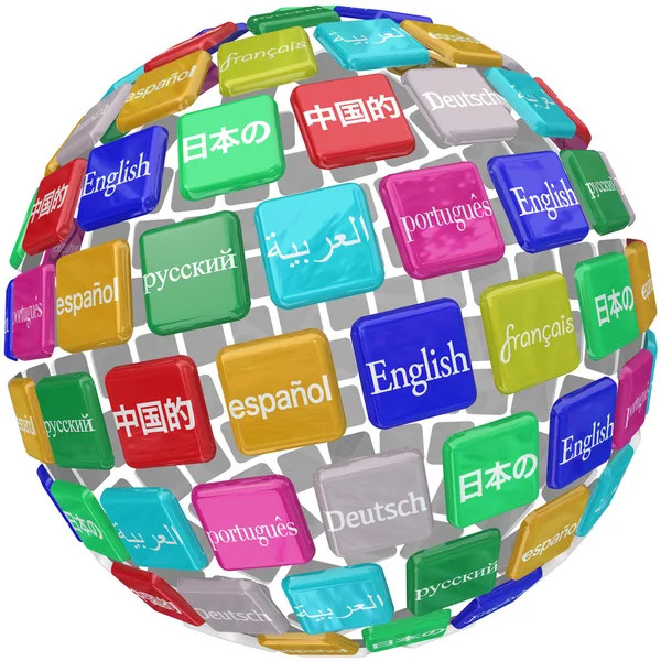 Mnoho mezinárodních jazyků ve slovech na kouli — Stock fotografie
