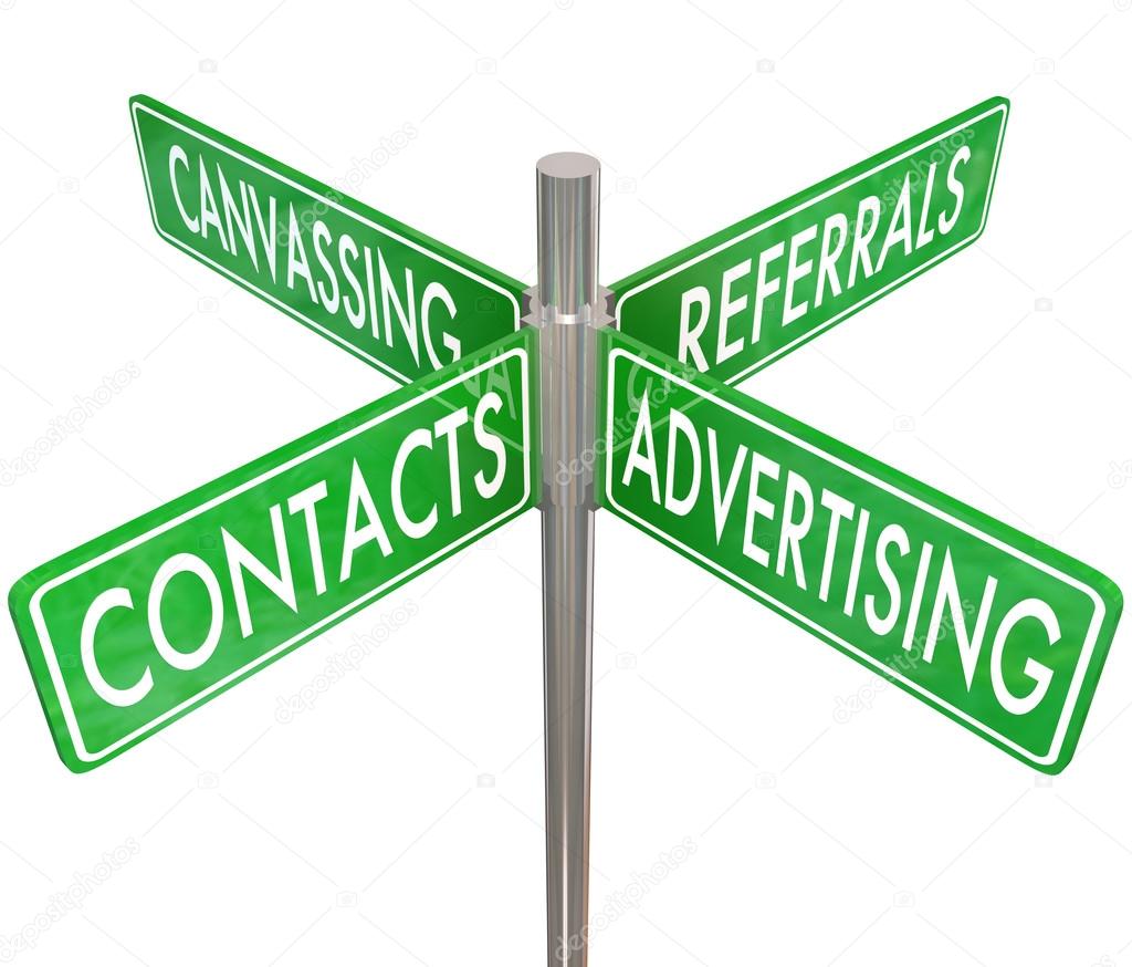 Contacts, Advertising, Canvassing and Referrals words on four way road