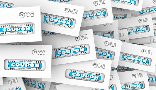 Cupons Enviados Envelopes Correio Economizar Dinheiro Ofertas Especiais Ilustração — Fotografia de Stock