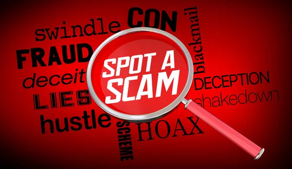 Spot Scam Magnifying Glass Investigate Stop Fraud Hoax Lies Illustration —  Fotos de Stock