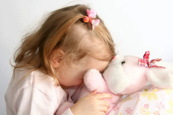 Baby girl and pink bunny — Stock Photo, Image