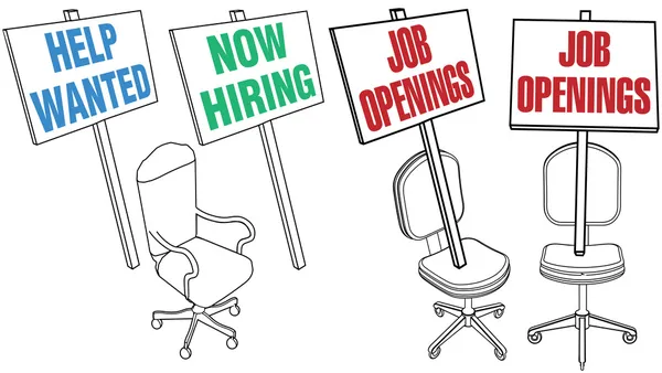 Cadeira de escritório Ajuda queria Ícones de contratação de emprego — Vetor de Stock