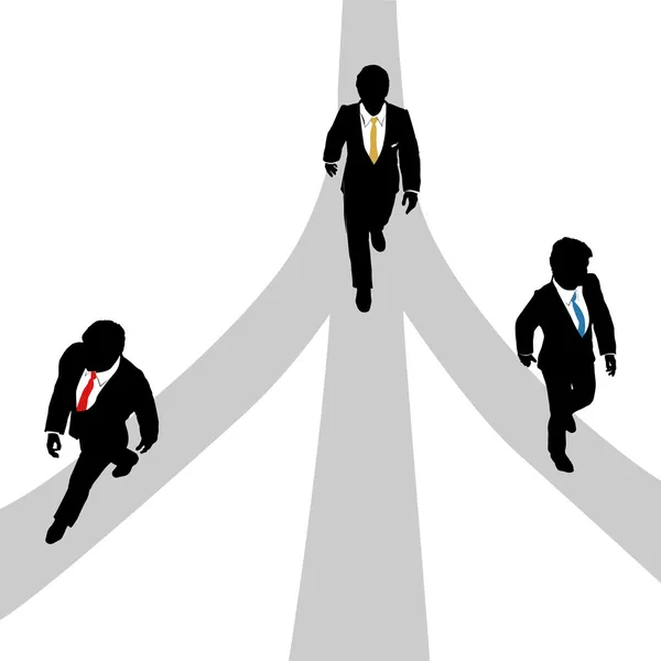 Gli uomini d'affari camminano divergenti su 3 sentieri — Vettoriale Stock