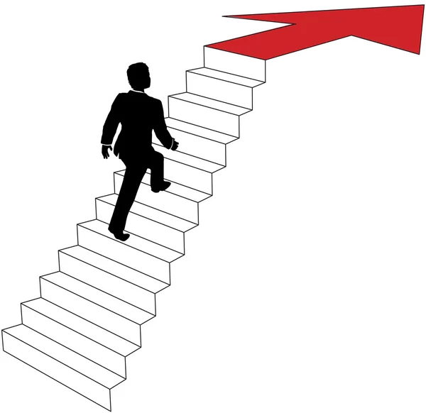 Hombre de negocios sube escaleras de flecha — Vector de stock