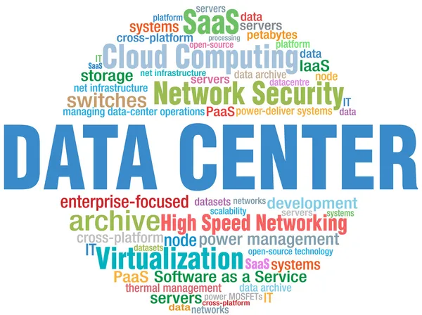 Etiquetas de nube de palabras de tecnología informática del centro de datos — Vector de stock