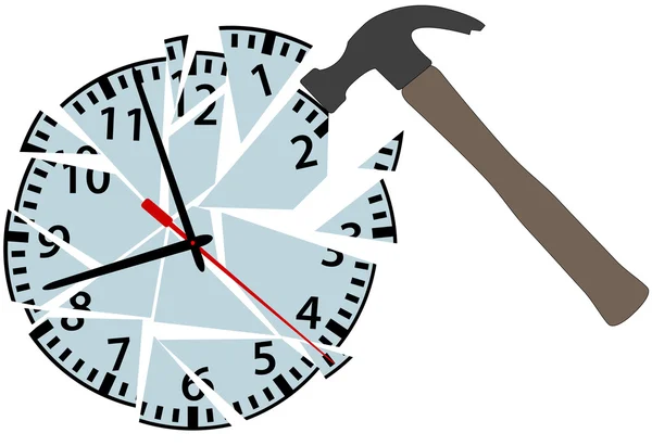 Martillo golpea para romper las piezas del reloj del tiempo — Vector de stock