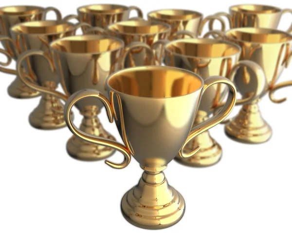 First place trophy ahead of many trophies — Stock Photo, Image