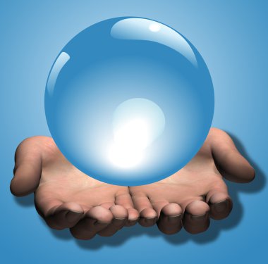 Shiny Blue Crystal Ball in 3D Hands Illustration clipart