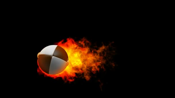 Rugby-Feuerball in Flammen auf schwarzem Hintergrund — Stockvideo