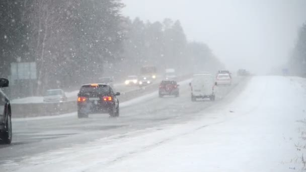 Camino de invierno en nieve pesada — Vídeos de Stock