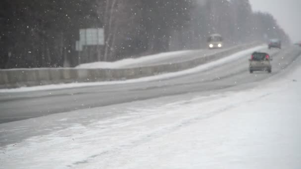 Camino de invierno en nieve pesada — Vídeo de stock