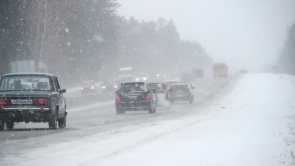 Зимняя дорога в сильном снегу — стоковое видео