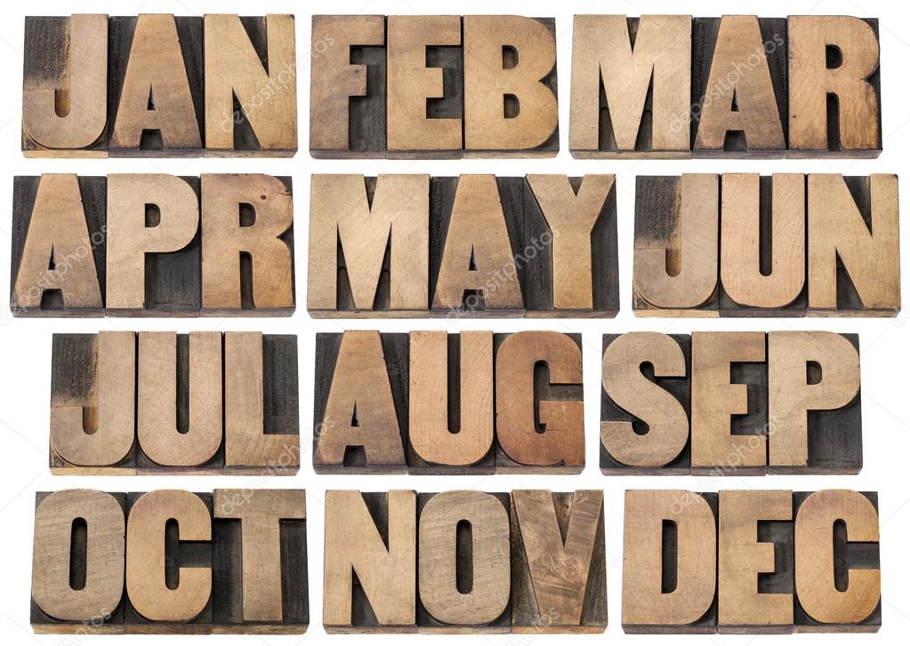 Calendar concept - months in wood type