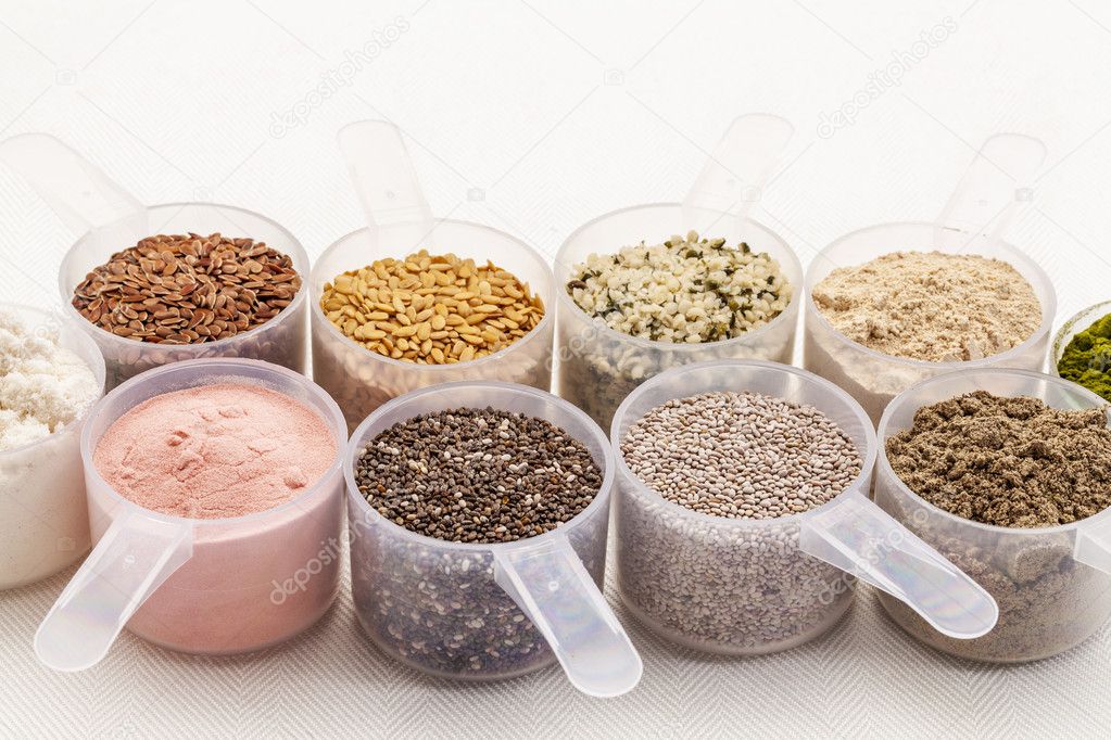 scoops of seeds and powders
