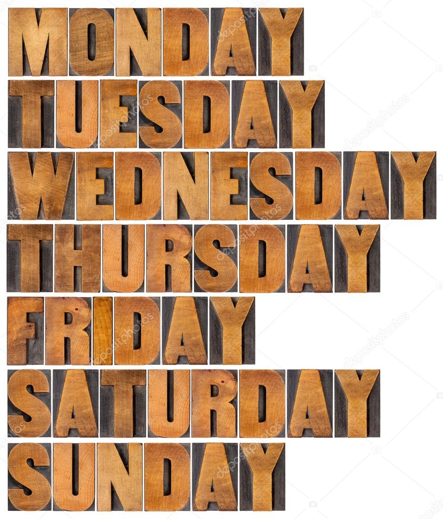 days of week in wood type