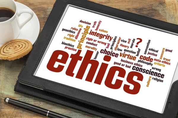 Ethics word cloud on digital tablet — Stock Photo, Image