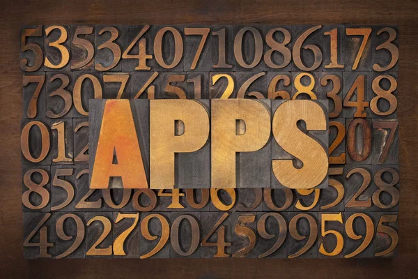 Apps (aplicações) palavra no tipo de madeira — Fotografia de Stock
