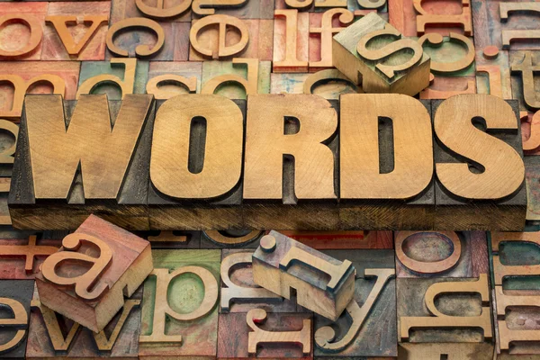 Palavras texto em tipo de madeira — Fotografia de Stock