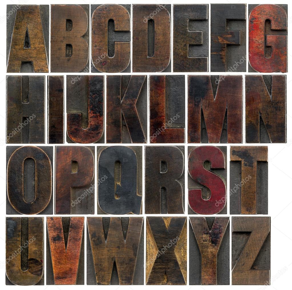 alphabet in old dark wood type