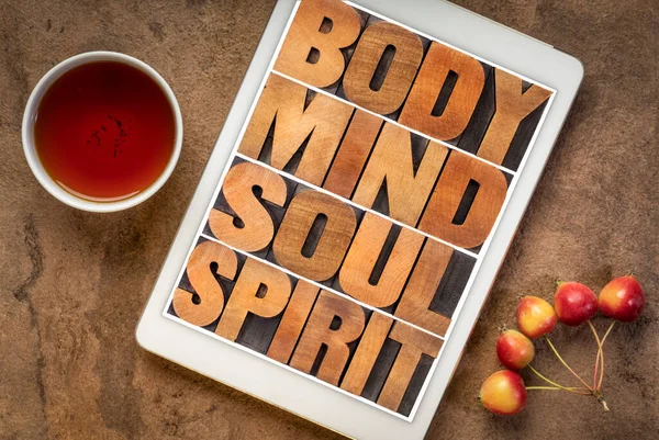 Body Mind Soul Spirit Wellness Harmony Concept Text Letterpress Wood — Stock Photo, Image