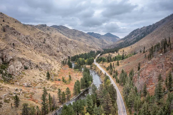 Cañón Del Río Poudre Autopista Vista Aérea Paisajes Principios Otoño — Foto de Stock