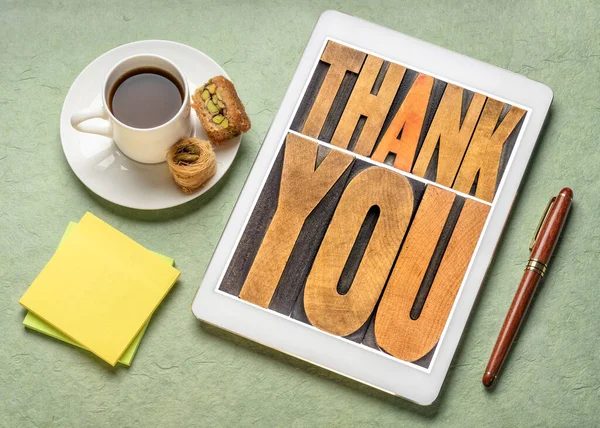 Thank You Word Abstract Vintage Letterpress Wood Type Digital Tablet — Stock Photo, Image