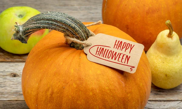 Buon Halloween Una Zucca Con Cartellino Prezzo Carta Contro Legno — Foto Stock